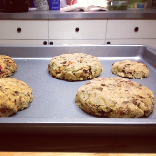Lay them out on a lightly oiled baking sheet, and bake them at 350 degrees for about 30 minutes.