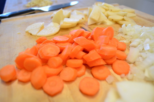  Next, I&nbsp;peeled and&nbsp;sliced three small carrots. 