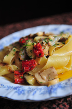   Pappardelle Alla Boscaiola    Hand cut pasta with fried eggplant, sundried tomatoes and mushrooms  