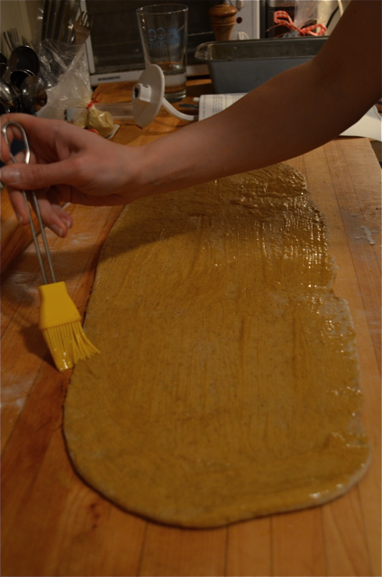 Next up, it was time to brush the dough with the butter-Worcestershire-frank’s-mustard mixture. We brushed all the way to the edge!