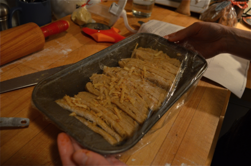 After loosely plastic wrapping it again, we set aside for 30-45 more minutes. (tick.tock.tick.tock.) Meanwhile, we preheated the oven to 350. Chatted about this. about that. about this. We baked for 25-35 minutes, until the loaf got all puffed and brown.