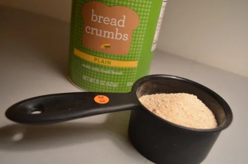 And 2/3 cup of bread crumbs (but reserve some of it). Even though I forgot to take a picture of the egg yolk, don’t forget the egg yolk.