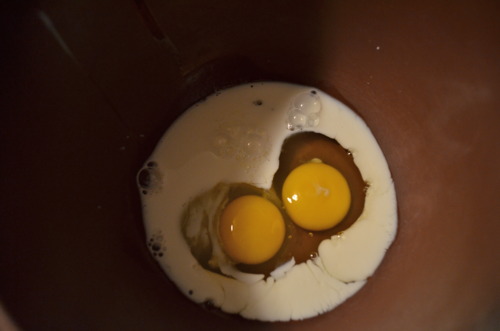 Act III: Create a glaze. Glaze calls for 1 large egg and 2 tbsp milk. (Again, don’t be confused by our image shown doubled recipe.)