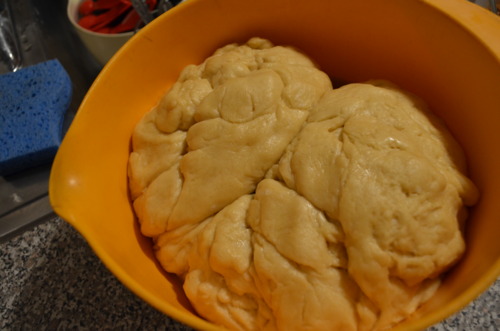 Remember the dough that was warming up in the oven? It’s ready now. We’re going to knead it out once or twice and then roll it out into a large rectangular shape.