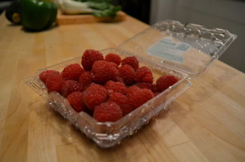 Here’s where the SWEET comes in. Red raspberries. I don’t just toss these into the salad whole, I crush ‘em between my fingers first. 