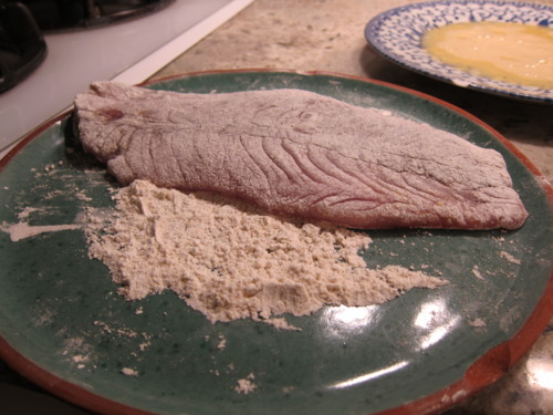 So the fish gets dredged in the flour first. Then the egg. Then back to the flour.