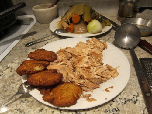 Pull apart chicken a day later. Snack on some latkes while you wait around.