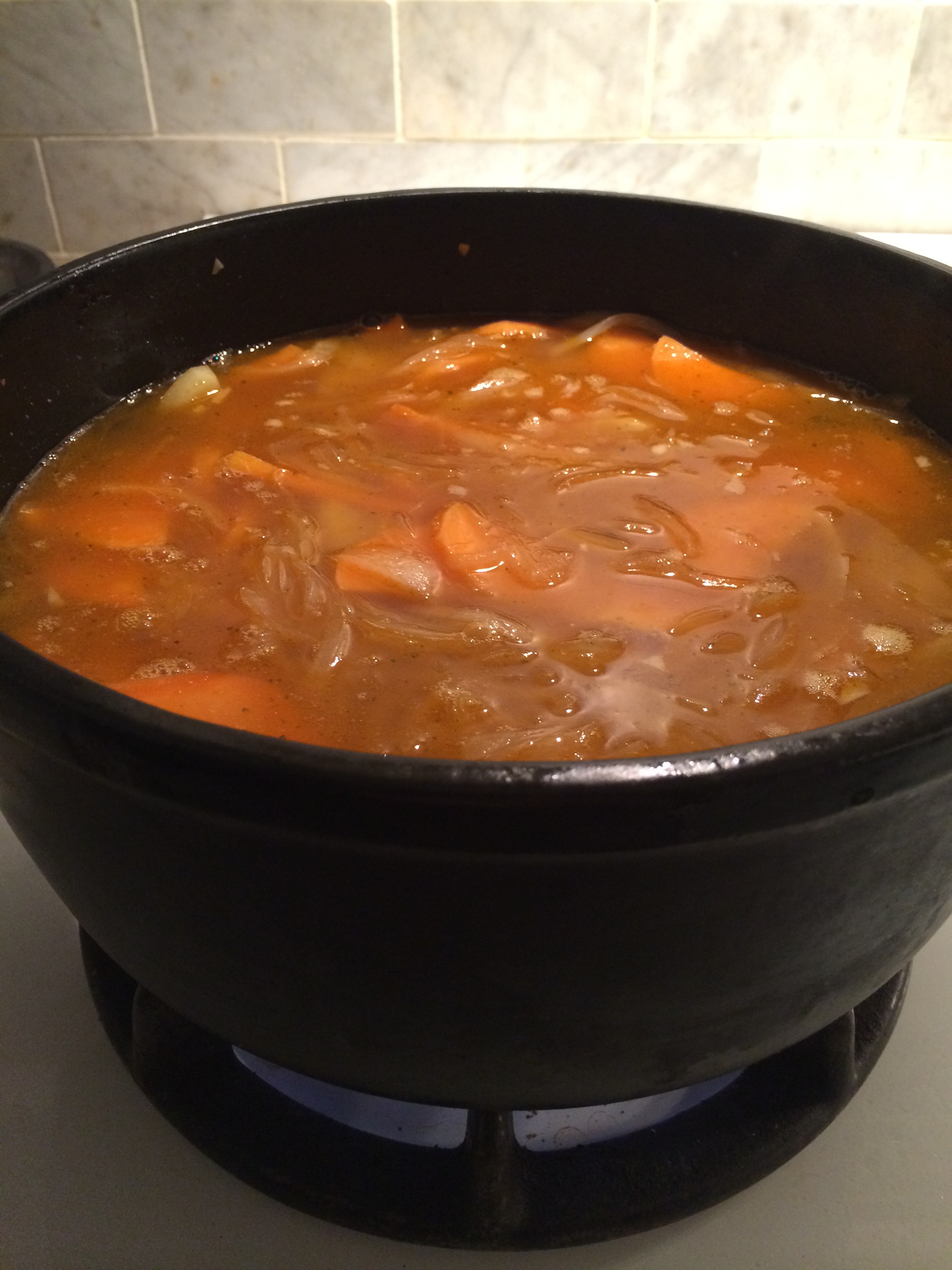 Add 6 cups stock and bring it to a boil. Then let it simmer until potatoes are even softer. Say 20 minutes.&nbsp; 