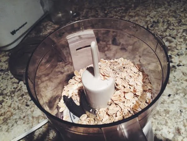 Grind 2 1/2 cups of oats so that it resembles powder, but with a couple of big pieces left in there. 