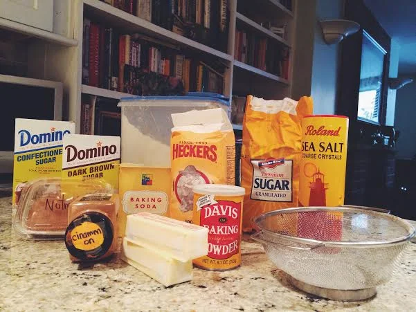 A dry ingredients party! 1/2 c whole wheat flour, c all-purpose, tbsp + tsp of baking powder, tsp baking soda, 2 tsp salt, c dark brown sugar, 1/2 c white sugar, tsp cinnamon, tsp nutmeg. 