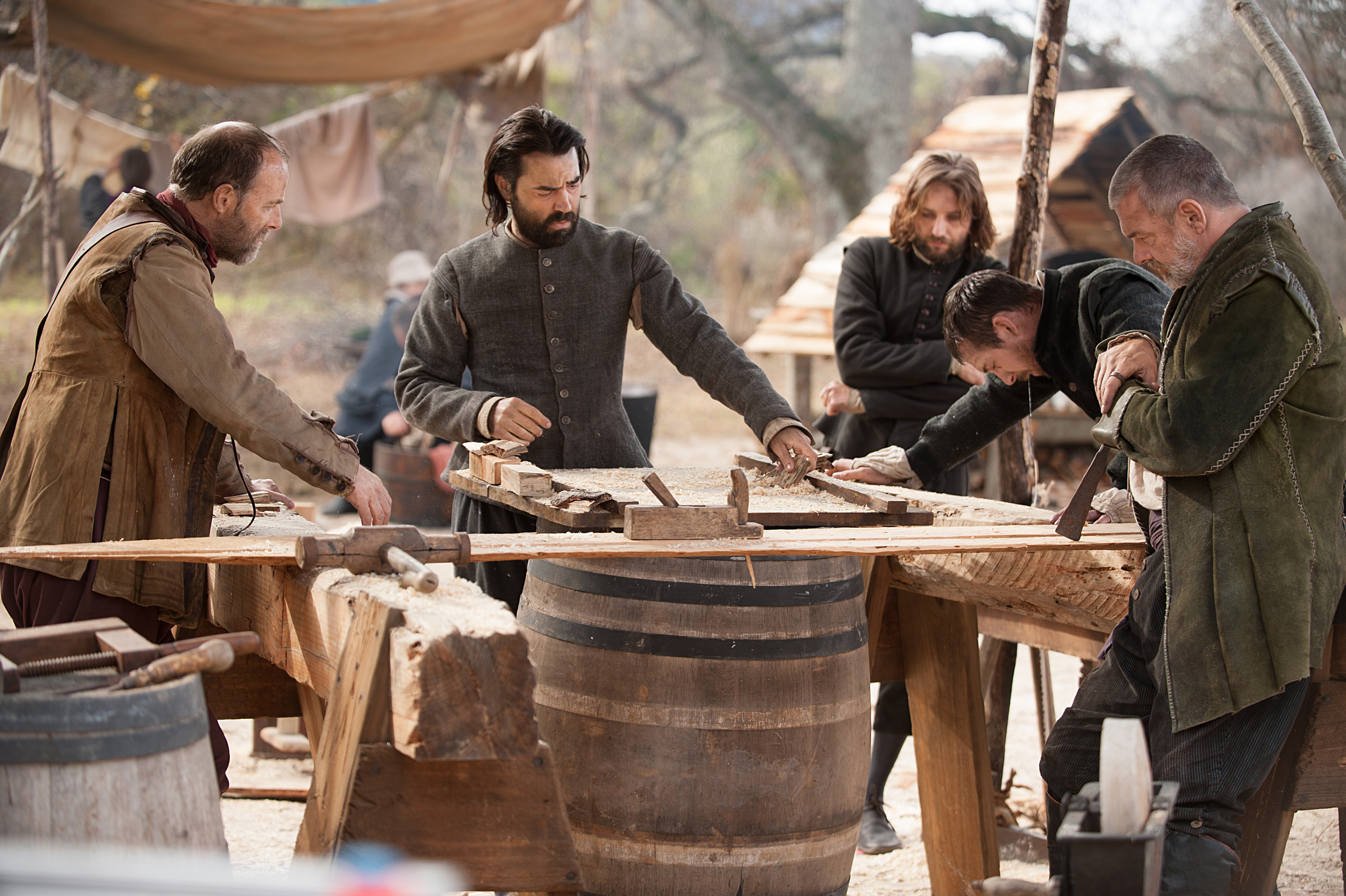 (Left to right): Brian F. O'Byrne as John Billington, Ron Livingston as John Carver, Vincent Kartheiser as William Bradford, Barry Sloane as Edward Winslow and Ray Stevenson as Stephen Hopkins in National Geographic Channel’s two-night movie event