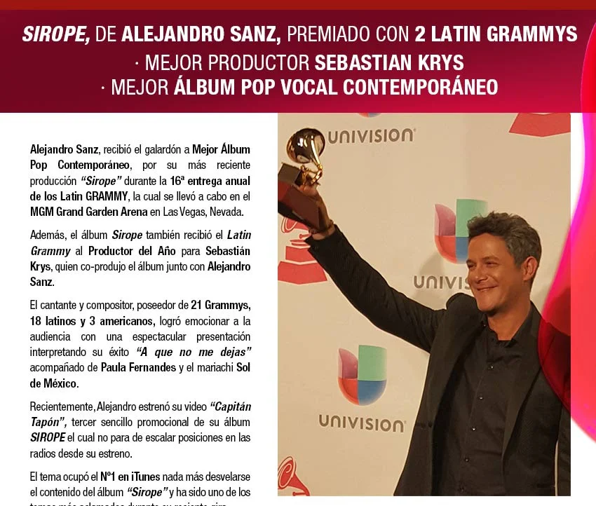 "SIROPE" DE ALEJANDRO SANZ RECIBE DOS GALARDONES EN LA 16a ENTREGA DE LOS LATIN GRAMMY