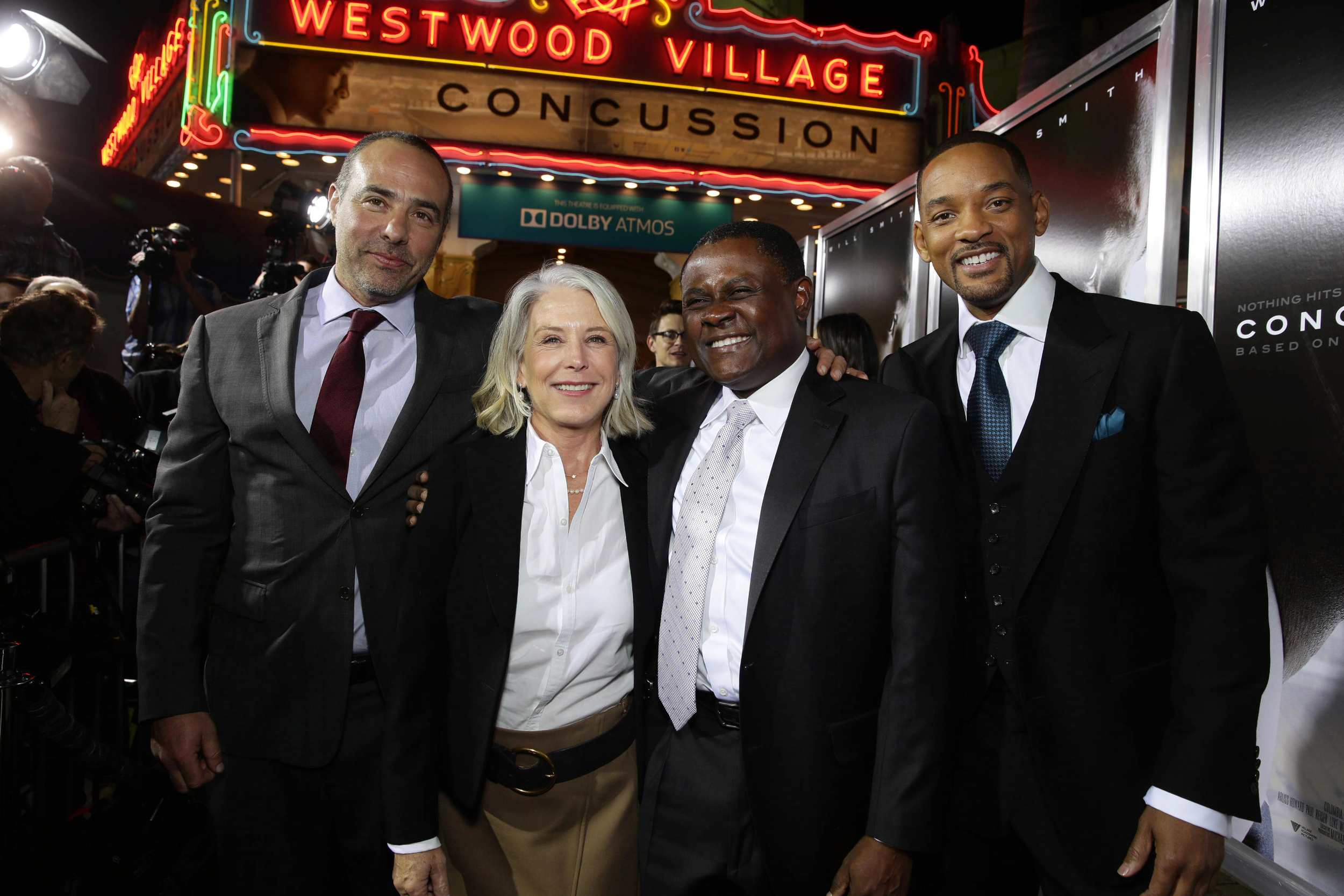  LOS ANGELES, CA- November 23, 2015. Director/Writer Peter Landesman, Producer Elizabeth Cantillon, Dr. Bennet Omalu and Will Smith seen at Columbia Pictures' Special Screening of CONCUSSION at Regency Village Theatre.  
