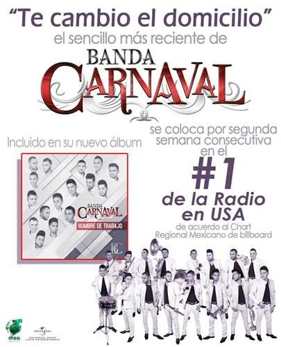"TE CAMBIO EL DOMICILIO" DE BANDA CARNAVAL SE COLOCA EN EL NUMERO 1 DE LA RADIO