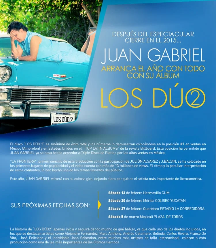JUAN GABRIEL ARRANCA EL AÑO CON TODO CON SU ÁLBUM "LOS DÚO 2"