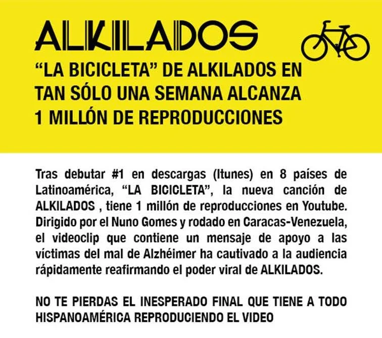 LA BICICLETA-NUEVO SENCILLO DE ALKILADOS ALCANZA EN SOLO UNA SEMANA 1 MILLON DE REPRODUCCIONES EN ITUNES-5-6-16