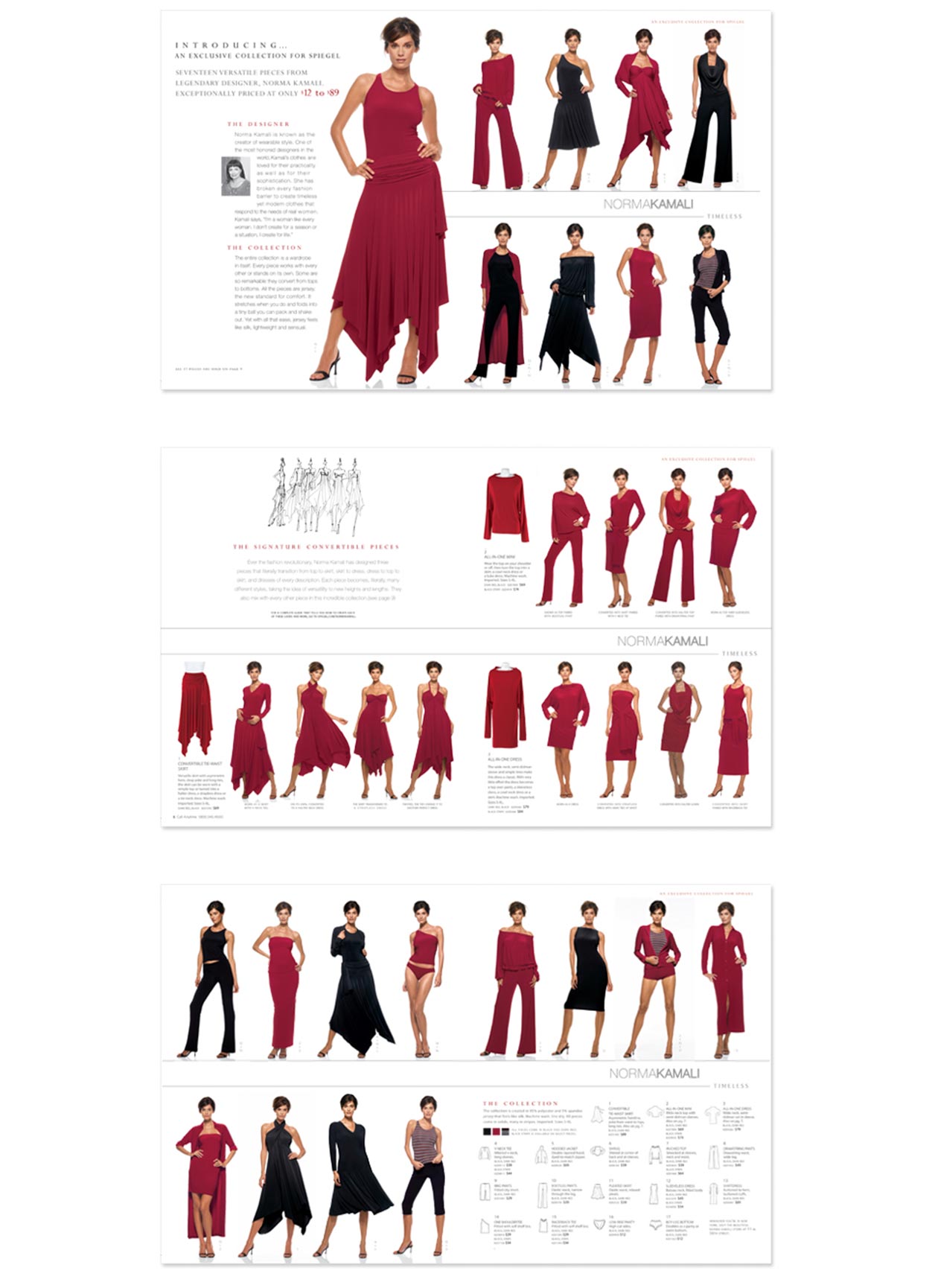 Catalog spreads showing ways to mix and match the collection.