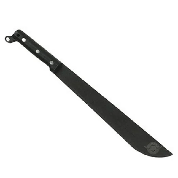 - monkeys formed it by bashing a black rhino’s horn with rocks. so it’s very crudely crafted with no luster, no polish, a dull black like roughly made from stone - The machete is sheathed in deer skin and slung across his back