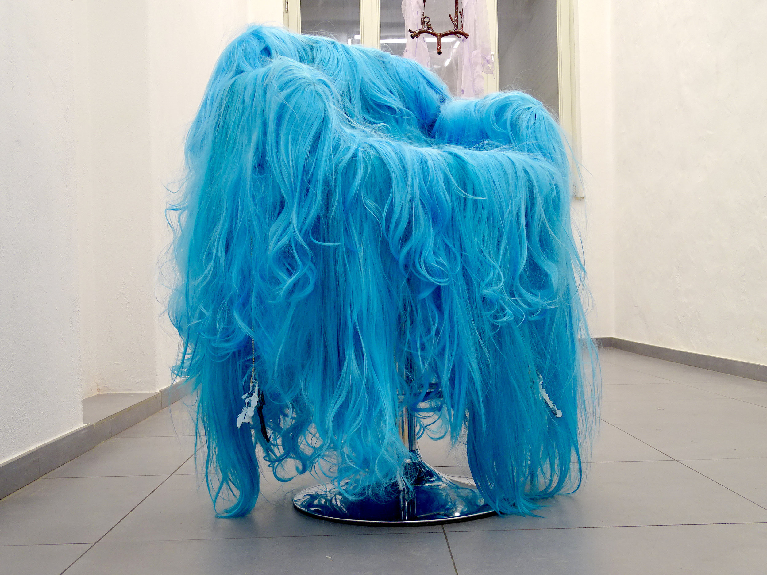 (10) Of All the Things I’ve Lost Proudick (Lindsey Mendick & Paloma Proudfoot) Hannah Barry Gallery at Ballon Rouge Club, Brussels  Lindsey Mendick It's Only Hair, 2019 Synthetic hair, glazed ceramic, hairdresser’s -1.jpg