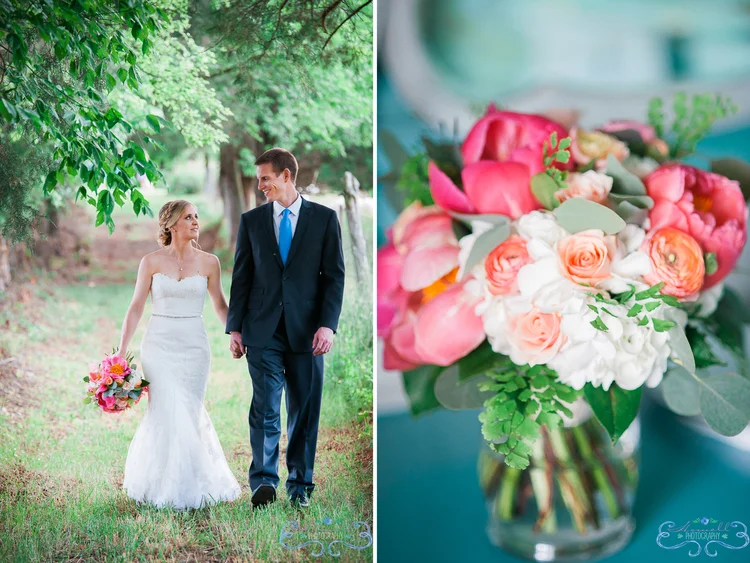 Coral Charm Peonies with Ranunculus, Spray Roses, Hydrangea, MaidenHair Fern and Eucalyptus. Photo by Martha Howell Photography. The Barn at High Point Farms, TN.