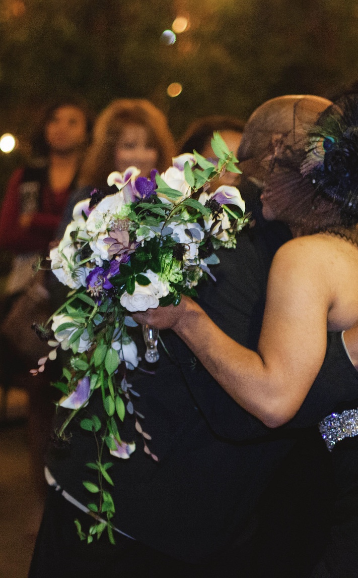 Cascade Style with Picasso Callas, Vanda Orchids, Roses, Scabiosa, Hydrangea. Photo by Stephanie Kaloi Photography. The Urban Lawn, Chattanooga TN.