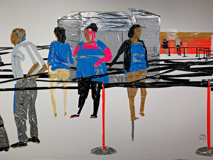  Airport In Security (detail), 8'x44', duct tape on wall, 2012    