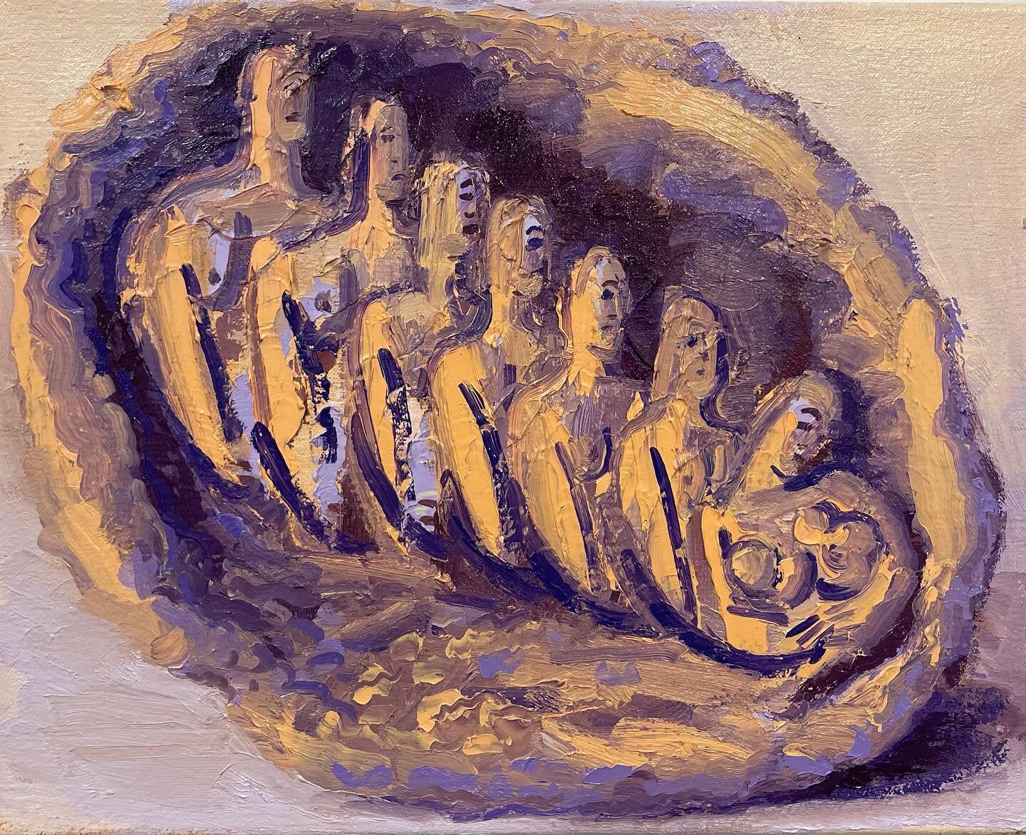 Ancestors, 11&rdquo;x14&rdquo;, oil on canvas, 2023. When I feel overwhelmed by what is happening right now in the world, sometimes I find it helpful to zoom way, way out&mdash;say, hundreds and thousands of years&mdash;and imagine myself in conversa