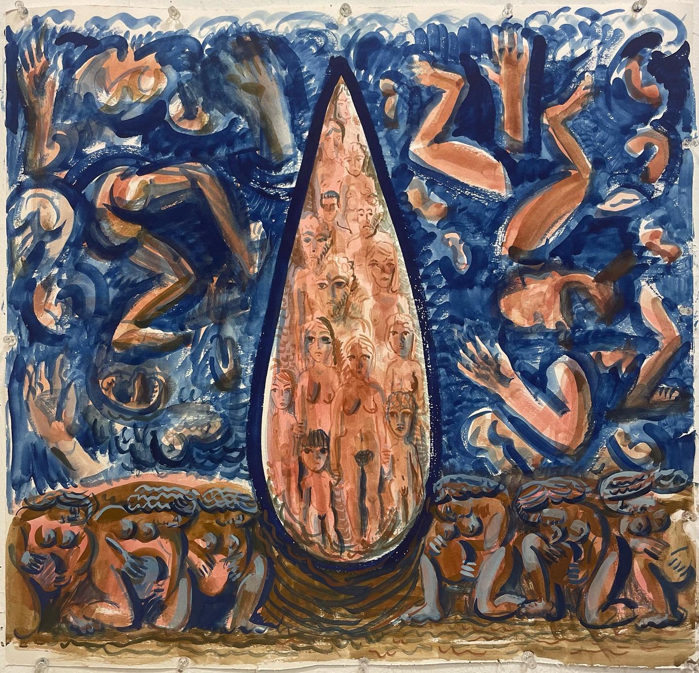 Red Sea Parting, 23&rdquo;x22&rdquo;, gouache on paper, 2024. Wound/Womb: A friend sent me an illumination from a medieval Haggadah that portrayed the Israelites emerging from the Red Sea through a vulva-shaped opening, and it made me think of the st