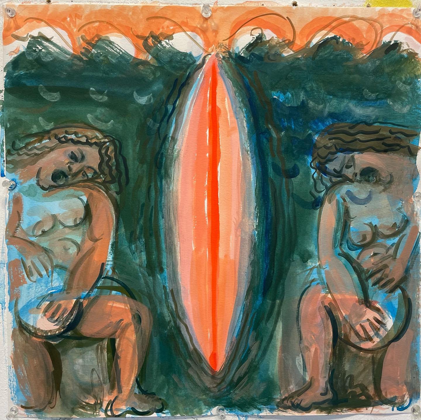 Red Sea Parting 2, 16&rdquo;x16&rdquo;, gouache on paper, 2024. Paintings Looking at Paintings: I made a painting of the Parting of the Red Sea and hung it on my studio wall. For several days, I looked at the painting as it hung on my studio wall, an