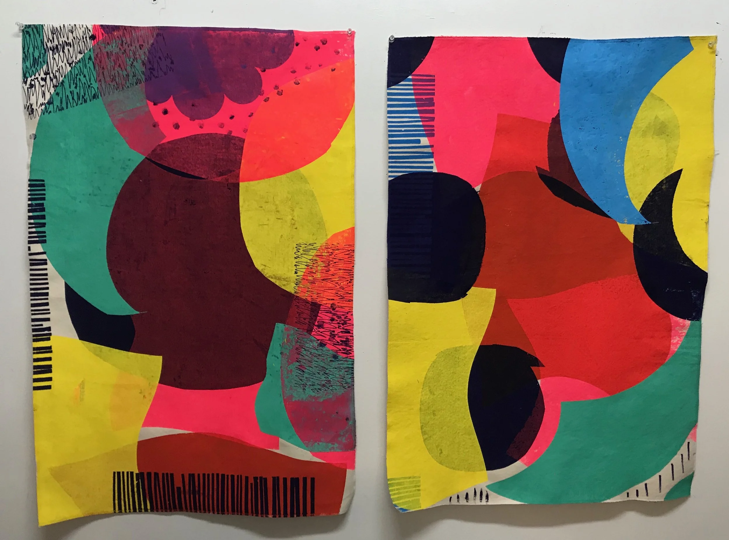 I made these pieces about a week before my show. They were inspired by Iowa summers, the quiet, being lost in the flow of energy as you ride your bike, and the tornadoes that would change the color of the sky to unearthly tones and swoop in with great gushes to create frightening near misses that were soothed by my mom’s belief that God would spare us.