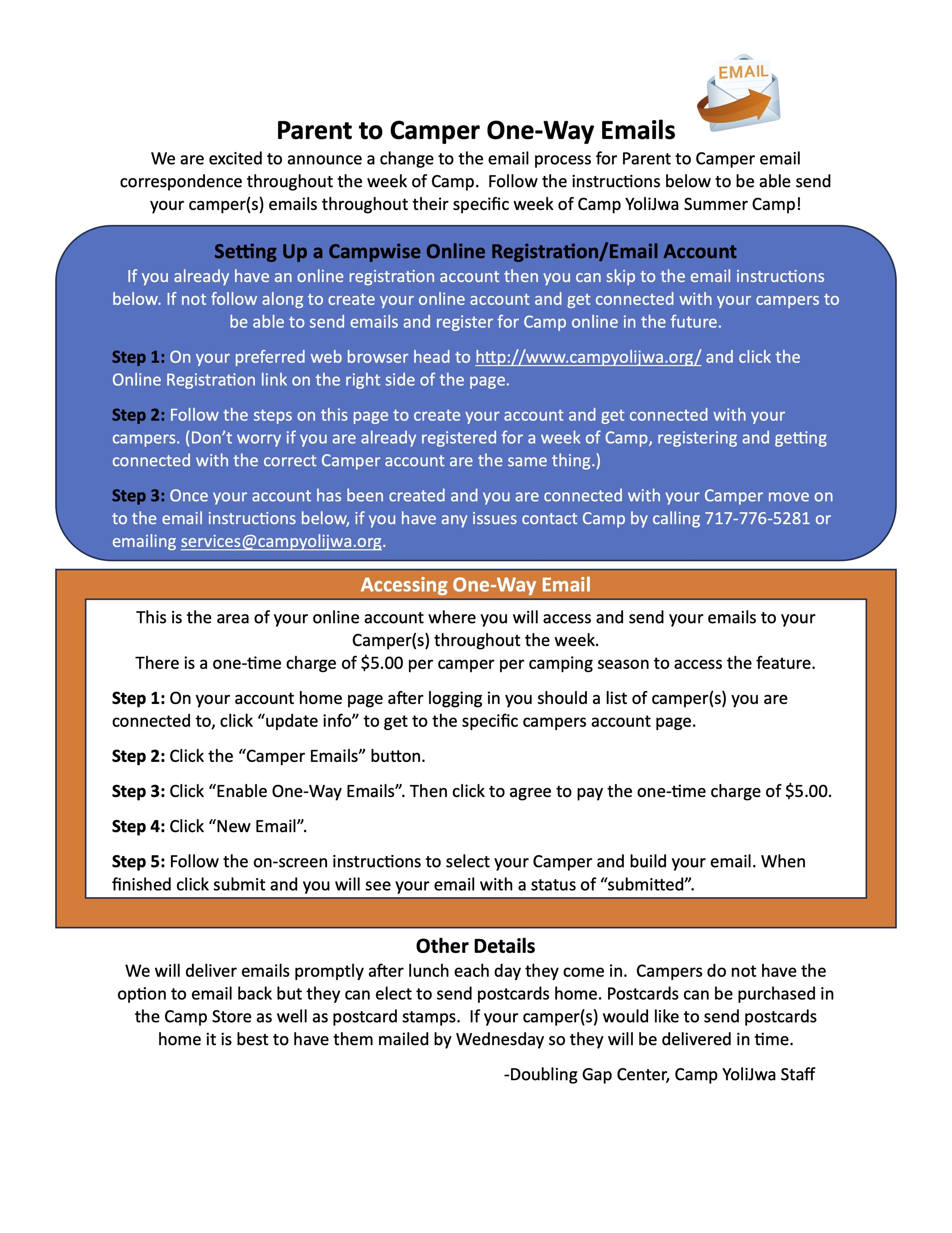 Parent-To-Camper Email — Doubling Gap Center, Home of camp YoliJwa