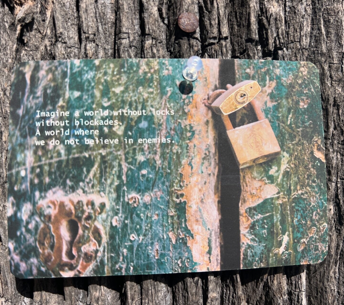 &ldquo;I imagine a world without locks, without blockades. 
A world where we do not believe in enemies.&rdquo; [sorry the text isn&rsquo;t more visible in the photo]

I created this card a decade ago while wandering streets in Italy for an artist res