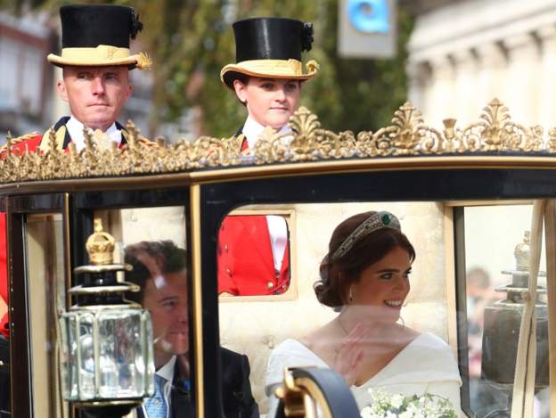 HRH Princess Eugenie of York wearing the Greville Emerald Kokoshnik Tiara with her new husband, Mr. Jack Brooksbank. Photo: REUTERS