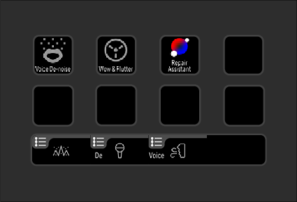Screenshot of a device interface with six icons and three controls at the bottom. The icons include Voice DNoise, Wow & Flutter, Repair Assistant, and three empty slots. The controls at the bottom are sliders labeled De, Voice, and S.