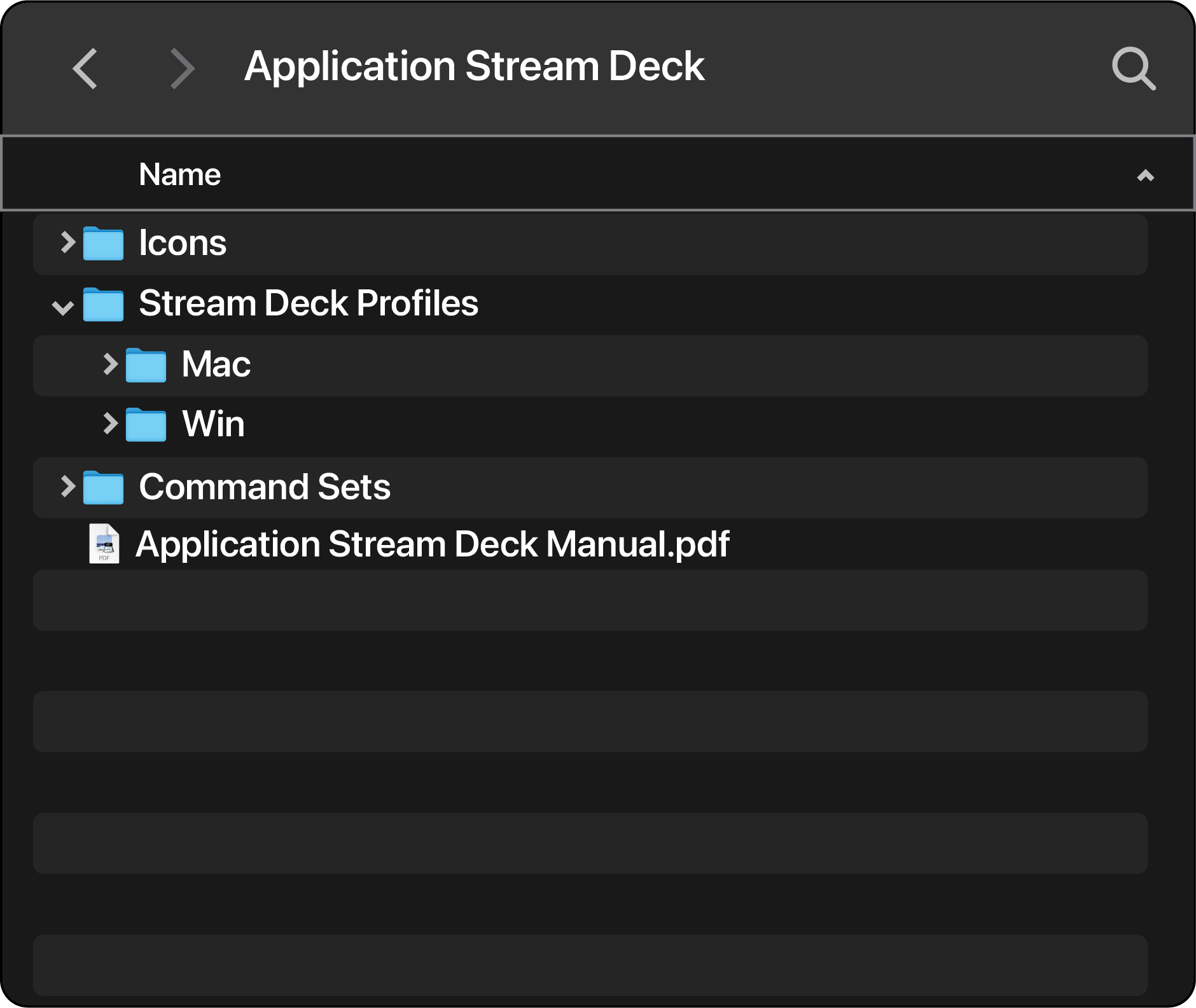 Screenshot of a computer folder structure named 'Application Stream Deck' showing subfolders 'Icons', 'Stream Deck Profiles', and 'Command Sets' with files and subfolders inside.