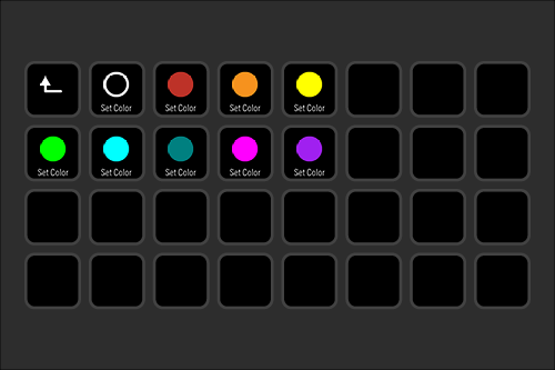 A digital color palette with multiple color selection buttons, including black, red, orange, yellow, green, blue, pink, and purple, arranged in a grid on a black background.