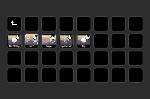 A digital screen with icons for camera functions including Double Tap, Pinch, Swipe, Tap and Hold, and Tap.