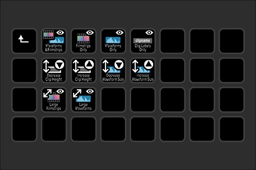 A grid of 15 slots filled with video editing icons and functions, including options for waveform views, clip height adjustments, waveform size changes, and large filmstrip views.