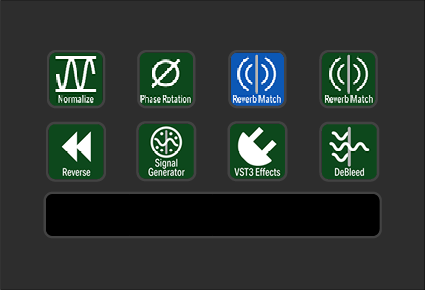 A digital interface displaying audio effect options, including Normalize, Phase Rotation, Reverb Match, Reverb Match, Reverse, Signal Generator, VST3 Effects, and De-Click. There is a large black blank space at the bottom.