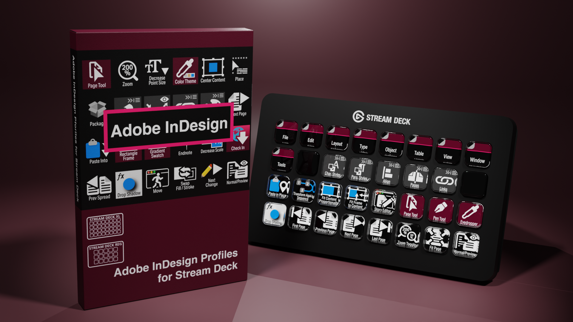 Stream Deck XL with custom Adobe InDesign profile stickers, and a box labeled 'Adobe InDesign Profiles for Stream Deck' beside it.