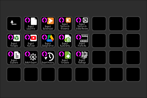 Computer desktop with icons for exporting videos and files, including local file, screenshot, screencast, video review, YouTube, Google Drive, Facebook, audio, frame, and caption export, arranged in a grid on a black background.