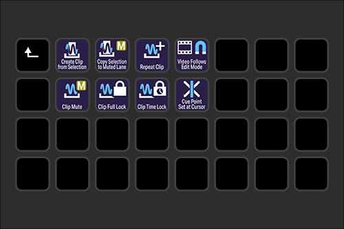 Screenshot of video editing software interface with several tools such as create clip, copy, repeat, video follow, clip mute, clip full lock, clip time lock, and set cursor, arranged in a grid.