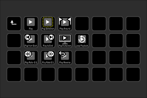 A digital media remote control interface showing various playback options such as Play, Play Selection, Play Around, Play from Start, Play to End, Play Full Screen, Loop Playback, Play Reverse, Play Rate 0.5, Play Rate 1.0, and Play Rewind. The remot