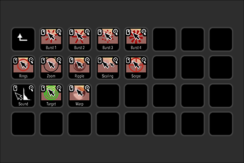 A digital control panel with buttons labeled for various functions such as 'Burst 1-4', 'Rings', 'Zoom', 'Ripple', 'Scaling', 'Scope', 'Sound', 'Target', and 'Warp'. Some buttons are highlighted or have icons indicating their functions.