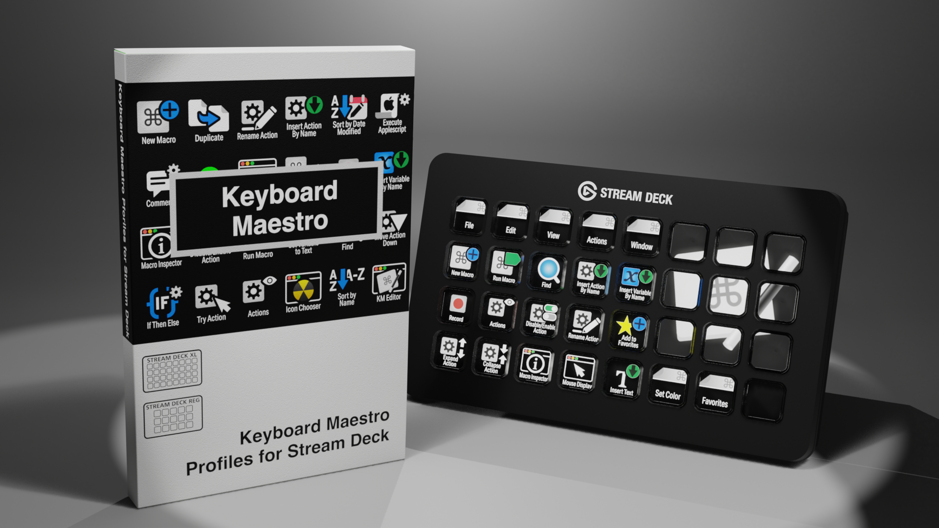A box labeled 'Keyboard Maestro Profiles for Stream Deck' and a black Stream Deck device with various custom key icons