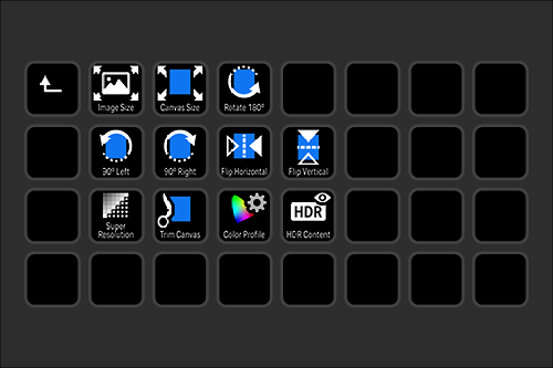 A digital camera editing menu interface showing options for image size, canvas size, rotate 180°, flip left, flip right, flip vertical, super resolution, trim canvas, color profile, HDR content, and black empty slots for additional options.