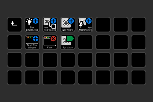 Screenshot of a software interface with icons for creating and managing macros, including options like new macro group, new macro, macro wizard, editor window, close, and run macro.