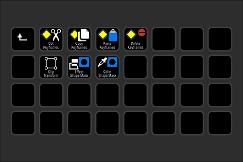 Screenshot of editing software toolbar with icons for copy, paste, delete keyframes, clip transform, effect shape mask, and color shape mask.