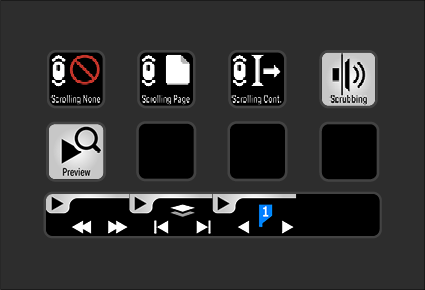 A digital media player interface with controls for scrolling, preview, scrubbing, and playback. It includes icons for scrolling none, page, content, and scrubbing, a preview button, a progress bar, and playback controls such as rewind, play, pause, f
