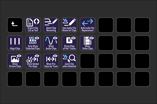 Video editing software interface showing various editing tools and icons such as export, trim, align clips, show audio, zoom, and show video clips.